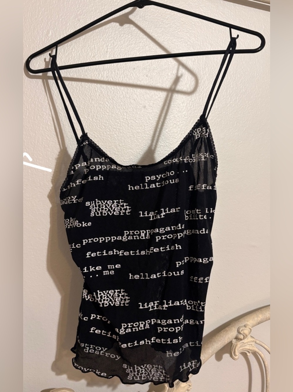 Lip Service Black Mesh Cami with White Text Print